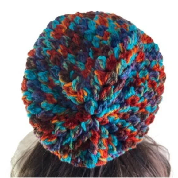Crochet Slouch Hat Slouchy Beanie Snood Handmade Adult Size Multi Color Acrylic - Picture 4 of 6